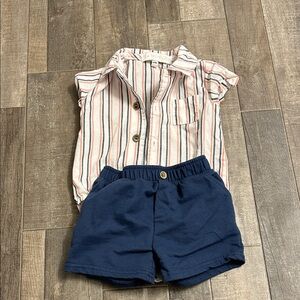 6-9M Striped Button-Up Shirt and Navy Shorts Set